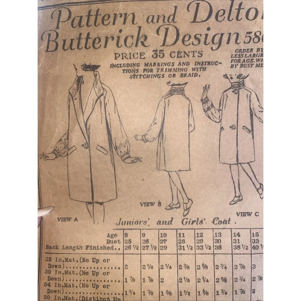 Vintage 1930s Butterick Design Sewing Pattern 5861 Juniors Girls Coat Antique